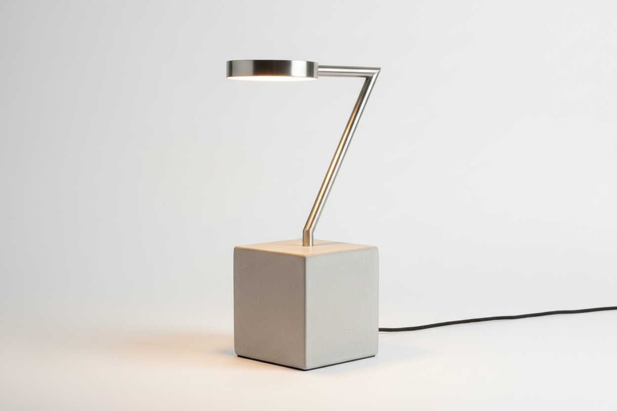 A minimalist table lamp made from smooth cast concrete and brushed steel, perfect for adding an industrial touch to contemporary interiors.