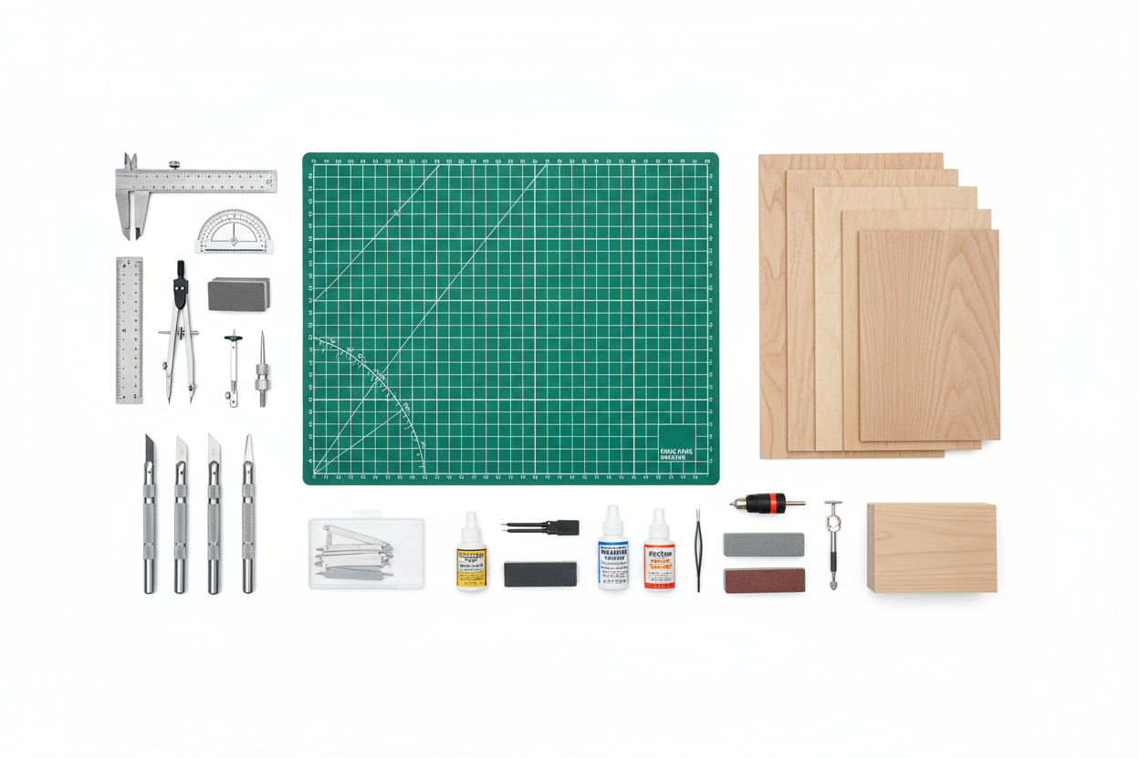 A professional-grade model-making kit with scale tools, cutting mats, and premium balsa wood for concept presentations.